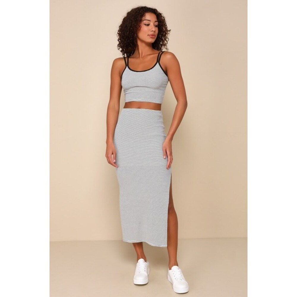 Lulus Trendy Match White Striped Ribbed Two-piece Midi Dress - Size M